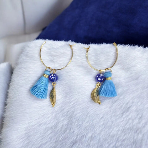 Gold-Plated Stainless Steel Hoop Earrings – Blue Tassel & Lemon Pewter Charm | Handmade in USA Michelle Marie Boutique  Earrings