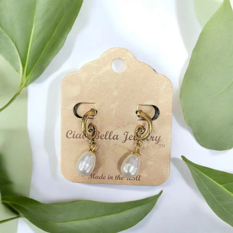 Gold-Plated Swirl Drop Earrings With Teardrop Pearl Accent – Lightweight Jewelry | Made in USA Michelle Marie Boutique  Earrings