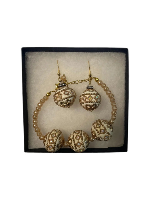Gold and White Beaded Jewelry Set – Intricate Bulb Design Bracelet and Earrings | Made in USA Michelle Marie Boutique  Bracelet Set