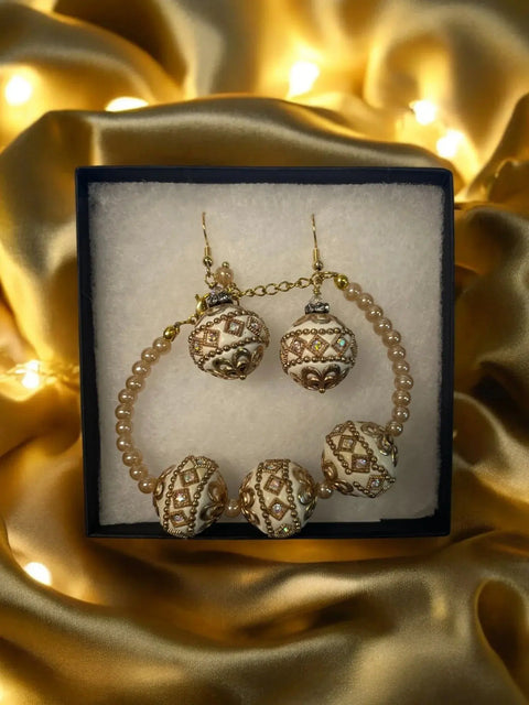 Gold and White Beaded Jewelry Set – Intricate Bulb Design Bracelet and Earrings | Made in USA Michelle Marie Boutique  Bracelet Set