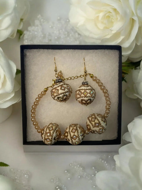 Gold and White Beaded Jewelry Set – Intricate Bulb Design Bracelet and Earrings | Made in USA Michelle Marie Boutique  Bracelet Set