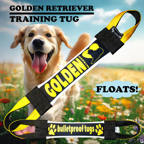 A happy Golden Retriever stands in a field with the USA-made Golden Retriever Fire Hose Training Tug by Bulletproof Pet Products Inc, featuring bold text: GOLDEN, bulletproof tugs, and FLOATS!.