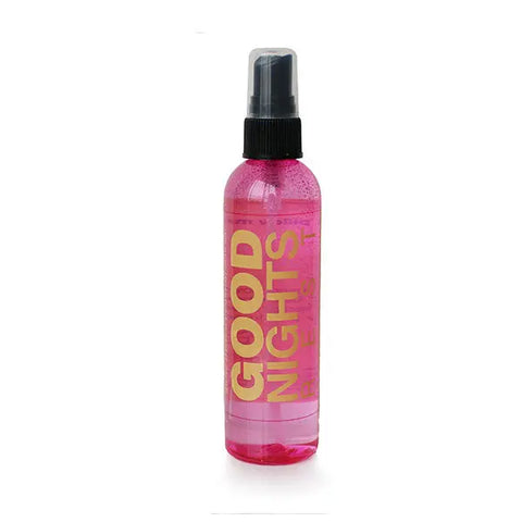 A pink spray bottle of Morning Glamour’s Good Nights Rest Pillow Mist, featuring a black nozzle and clear cap, stands upright against a white background—ideal as a pillow mist or aromatherapy sleep aid.