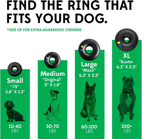 Goughnuts’ size chart for Medium Rings (for dogs 30-70 lbs) features ring dimensions, weight ranges, dog illustrations, tips to size up for aggressive chewers, and highlights the Goughnuts Guarantee.