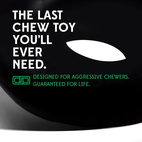 Close-up of a black Goughnuts Medium Ring (for dogs 30-70 lbs) with bold white text: The last chew toy youll ever need. Green below: Designed for aggressive chewers. Backed by the Goughnuts Guarantee for the toughest pups.
