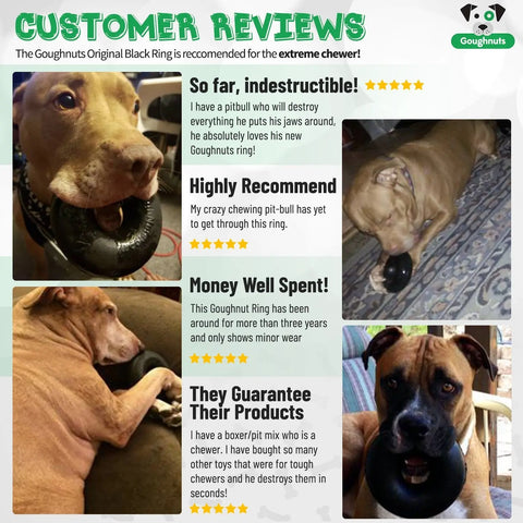 A review collage for Goughnuts Medium Rings (for dogs 30-70 lbs) shows dogs chewing black rings, with customers praising Goughnuts guarantee, the toys durability and effectiveness, and awarding a five-star rating to each review.