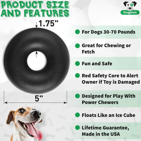 The Goughnuts Medium Ring is a 5 x 1.75 chew toy for dogs 30-70 lbs. Built for power chewers, it features a safety core, floats, and comes with the Goughnuts Guarantee for durability. Brand: Goughnuts. Happy dog at bottom.