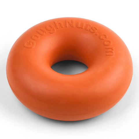 The Goughnuts Medium Rings chew toy, ideal for dogs 30-70 pounds, features an orange doughnut shape with GoughNuts.com embossed and comes with the Goughnuts Guarantee for lasting durability.
