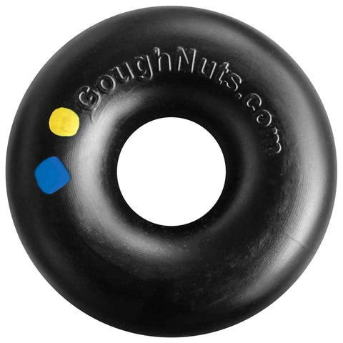 The Goughnuts Medium Rings dog toy, for dogs 30-70 pounds, is a durable black doughnut-shaped toy with GoughNuts.com embossed, yellow and blue dots, and comes with the Goughnuts Guarantee for lasting chewing fun.