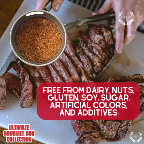 A hand slices grilled steak as a Gustus Vitae Gourmet BBQ Spice Set tin is held above. Text reads: Free from dairy, nuts, gluten, soy, sugar, artificial colors & additives. 6 Handcrafted Seasoning Tins | Made in USA.