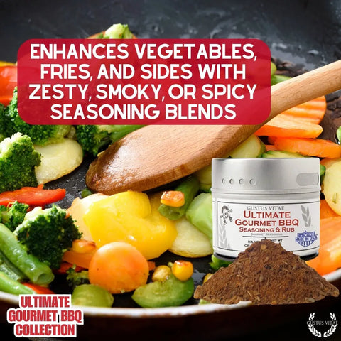 Sautéed veggies in a pan with a wooden spoon are featured. Inset: Gustus Vitae Gourmet BBQ Spice Set—6 handcrafted tins, made in the USA. Text overlay: Zesty, smoky grilling spices perfect for veggies, fries, and sides.