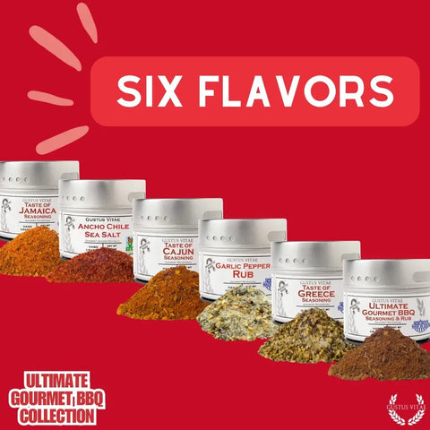 Six Gustus Vitae seasoning tins are displayed in a row on red, labeled with different flavors. Bold white text above reads "Six Flavors." The corner states: Gourmet BBQ Spice Set – 6 Handcrafted Seasoning Tins | Made in USA.