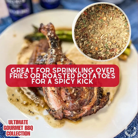 A grilled chicken leg with sauce and asparagus is pictured, with an inset of the spice mix. Text: Gustus Vitae Gourmet BBQ Spice Set—6 handcrafted seasoning tins made in the USA—adds a spicy kick to fries or roasted potatoes.
