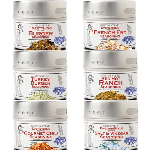 The Gustus Vitae Gourmet Backyard BBQ Burgers & Fries Seasoning Set - Six Pack includes unique spice blends for burger, French fry, turkey burger, ranch, gourmet chili, and salt & vinegar—ideal for enhancing any BBQ.
