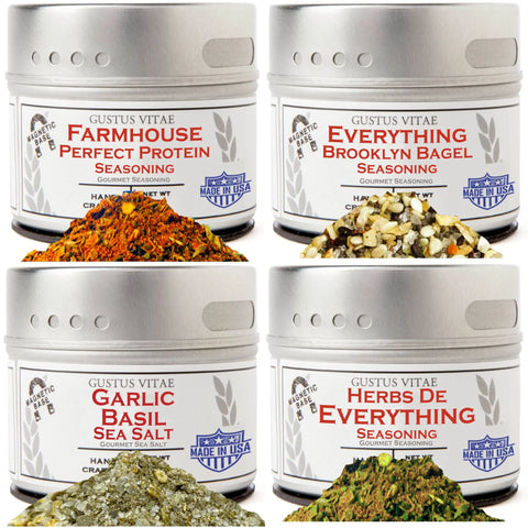 The Gustus Vitae Luxury Beginner Cook - 4 Tins set includes Farmhouse Perfect Protein, Everything Brooklyn Bagel, Garlic Basil Sea Salt, and Herbs de Everything seasonings. Each premium blend is made in the USA and comes in a magnetic tin.
