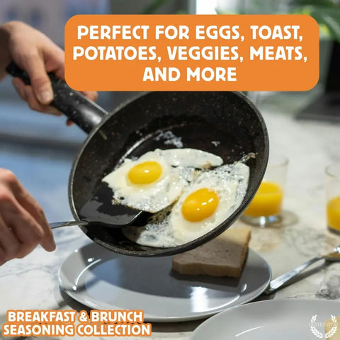 A person slides two sunny-side-up eggs from a frying pan onto a plate next to toast and utensils. Text reads: Enhance eggs, toast, potatoes, veggies, and meats with Gustus Vitae’s Gourmet Breakfast Seasoning Set 6-Pack—Made in USA.