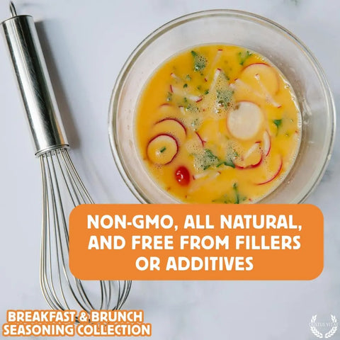 A bowl of beaten eggs with veggies sits by a whisk. Text reads, “Gustus Vitae Gourmet Breakfast Seasoning Set 6-Pack – Natural Flavors. Made in USA. All natural, no fillers or additives—perfect for breakfast & brunch.”.