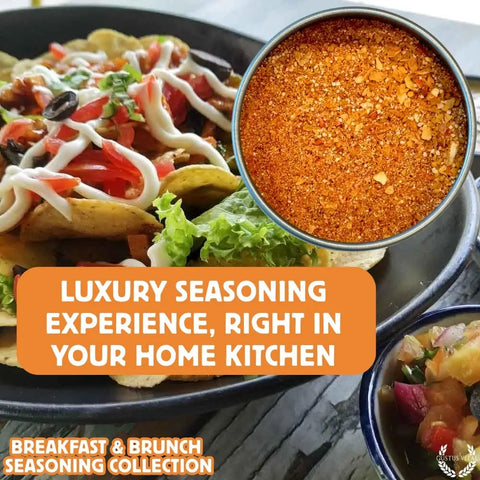 A close-up of nachos topped with lettuce, sauces, and seasoning, a salsa bowl, and a Gustus Vitae Gourmet Breakfast Seasoning Set 6-Pack – Natural Flavors | Made in USA. Text: “Luxury seasoning experience for your home kitchen.”.