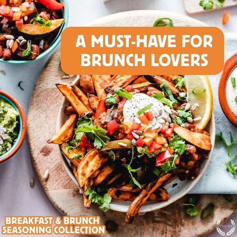 A plate of sweet potato fries with veggies and sour cream, surrounded by vibrant brunch dishes. Text: A Must-Have for Brunch Lovers—Gustus Vitae Gourmet Breakfast Seasoning Set 6-Pack – Natural Flavors, Made in USA.