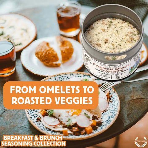 A breakfast table displays eggs with radishes and herbs, alongside Gustus Vitae's Gourmet Breakfast Seasoning Set 6-Pack—natural flavors made in the USA. Label highlights: "Versatile—perfect from omelets to roasted veggies.