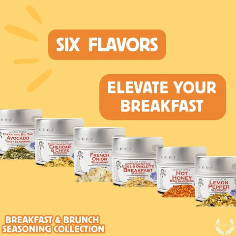 Six Gourmet Breakfast Seasonings by Gustus Vitae—Avocado Toast, Cheddar & Chive, French Onion, Eggs & Omelette, Hot Honey BBQ, and Lemon Pepper—are lined up on yellow. Text reads: Six flavors. Elevate your breakfast. Made in USA.
