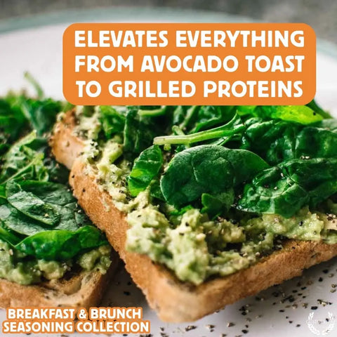 Two slices of toast with mashed avocado and spinach are on a plate. Text: Elevate meals from avocado toast to grilled proteins with Gustus Vitae's Gourmet Breakfast Seasoning Set 6-Pack – Natural Flavors, made in the USA.