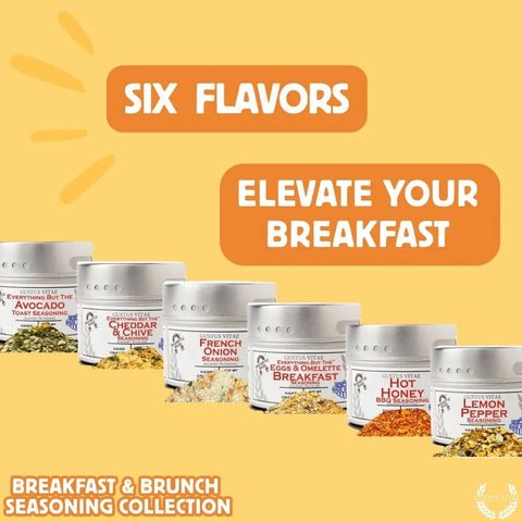 Six Gustus Vitae Gourmet Breakfast Seasoning tins, each with a unique natural flavor, are arranged on a yellow background. Text reads: Six Flavors—Elevate Your Breakfast. Made in USA.