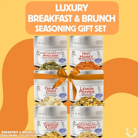 The Gustus Vitae Gourmet Breakfast Seasoning Set 6-Pack features natural flavors—Avocado Toast, Hot Honey, French Onion, Lemon Pepper, Cheddar & Chive, and Eggs & Omelette—beautifully packed and made in the USA.