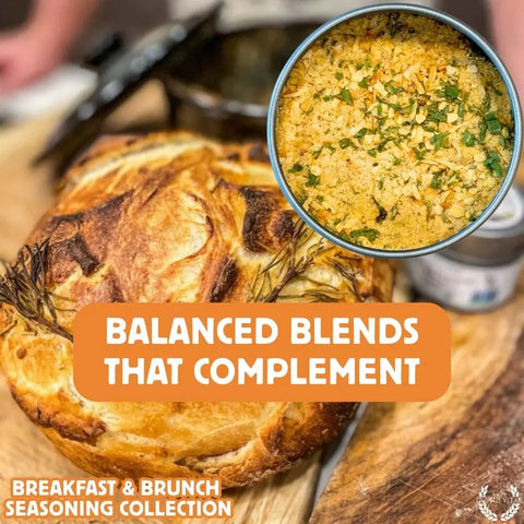 A rustic loaf on a wooden board sits beside gourmet blends. Text reads: Gustus Vitae Gourmet Breakfast Seasoning Set 6-Pack – Natural Flavors, made in the USA. Discover balanced blends for breakfast & brunch.