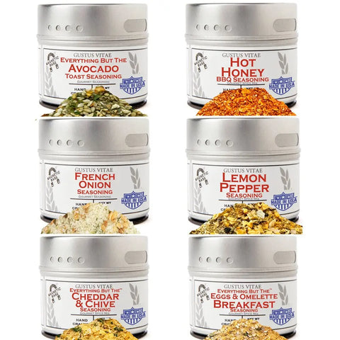 Gustus Vitaes Breakfast & Brunch Seasoning Set features six artisanal spice blends: Everything But the Avocado, Hot Honey, French Onion, Lemon Pepper, Cheddar & Chive, and Eggs & Omelette.