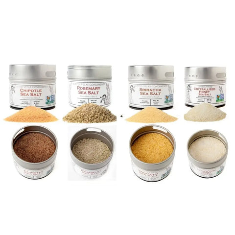 The Perfect Year Round Gift Set by vendor-unknown includes 4 tins of all-natural sea salts—Chipotle, Rosemary, Sriracha, and Crystallized Honey—a top choice for culinary enthusiasts.