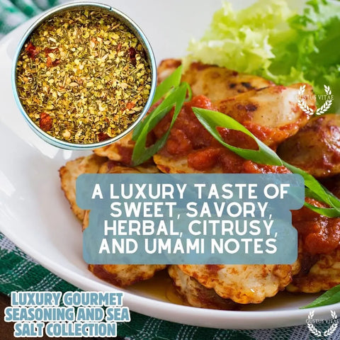 A plate of seasoned chicken topped with sauce is shown beside a bowl of Gustus Vitae's Gourmet Seasoning and Sea Salt Gift Set – 6 Tin Collection, described as sweet, savory, herbal, citrusy, and umami. Handcrafted in the USA.