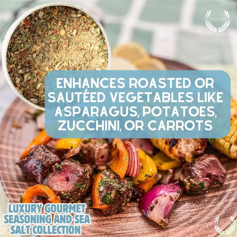 A close-up of Gustus Vitae’s Gourmet Seasoning and Sea Salt Gift Set in a bowl with grilled meat and veggies. Text: Elevates roasted or sautéed asparagus, potatoes, zucchini, and carrots—6 tin collection handcrafted in the USA.