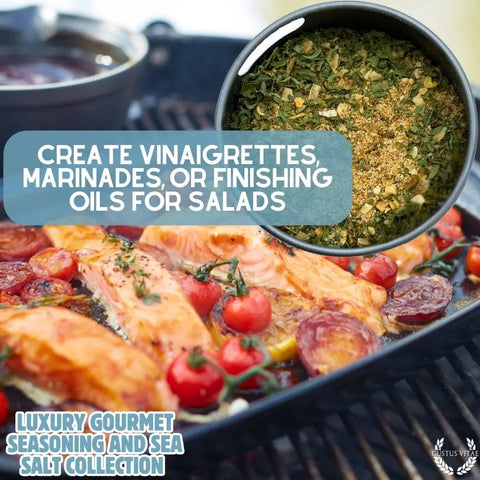 A tray of baked salmon with tomatoes, red onion, and greens sits beside a bowl of dried herbs. Text: Enhance your dishes with Gustus Vitae’s Gourmet Seasoning and Sea Salt Gift Set – 6 Tin Collection, handcrafted in the USA.