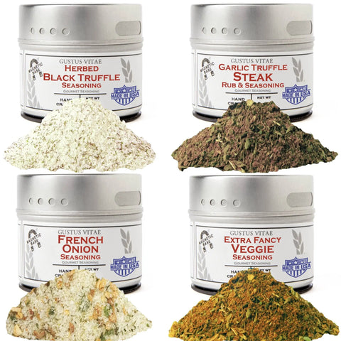 Four tins of Gustus Vitaes Luxury Protein & Fancy Truffled Side Seasonings | Set of 4 are shown, each paired with its vibrant blend. Discover these gourmet artisanal spice mixes for a burst of flavor.