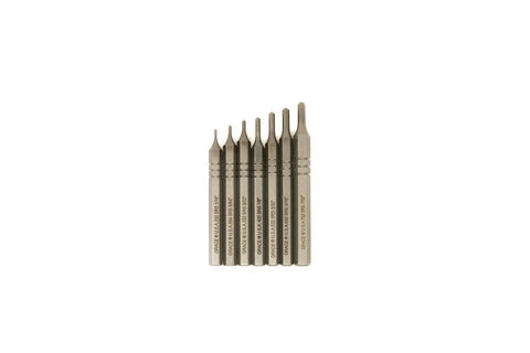 The Grace USA Steel Short Roll Pin Punch Set includes six American-made tools in various sizes, each featuring a textured grip and engraved handle, shown standing upright in a row on a white background.