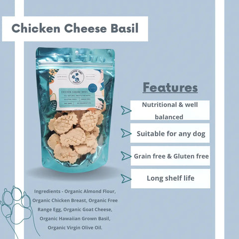 A blue bag of Dogtown Bakery Chicken Cheese & Basil dog treats is shown, featuring a nutritious, well-balanced, grain-free, gluten-free, non-GMO recipe with a long shelf life. Suitable for any dog. Ingredients are listed below.