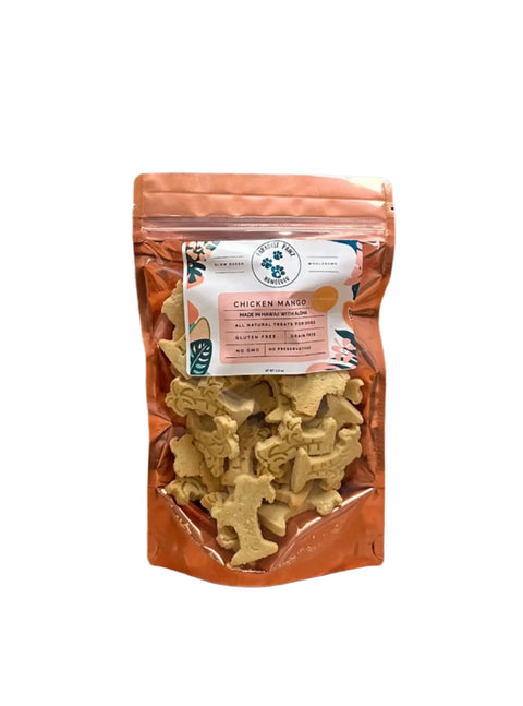 Dogtown Bakery Chicken & Mango dog treats come in a resealable orange bag with colorful designs. These bone-shaped, grain-free, non-GMO snacks are perfect for pups who love tasty treats.