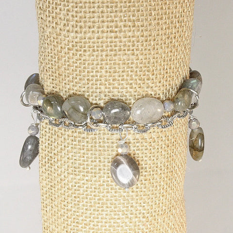 Gray Labradorite Gemstone Double Strand Silver Chain Bracelet 6.75 Inch Adjustable Length | Made in USA Michelle Marie Boutique  Bracelet