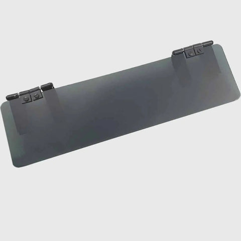 The Glare Guard Gray Polarized Truck Sun Visor Extender features two adjustable black plastic clips for easy attachment to your vehicle’s sun visor, reducing glare while driving. Shown against a plain light background.