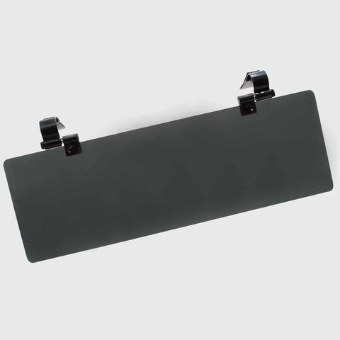 The Glare Guard Gray XL MaxView Polarized Car Visor Extender is a rectangular, tinted visor with two black top mounting clips, shown against a plain light gray background.