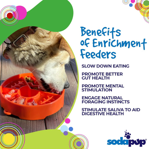 A dog eats from the orange SodaPup Great Outdoors Design EBowl Enrichment Slow Feeder Bowl, which slows eating for better gut health, mental stimulation, enrichment, natural foraging instincts, and increased saliva production.