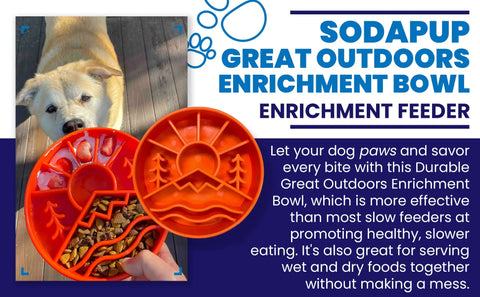 A person holds a SodaPup Great Outdoors Design EBowl Enrichment Slow Feeder Bowl for Dogs filled with dry and wet food, while a happy dog watches. Text highlights this bowl as ideal for healthy, mess-free feeding.