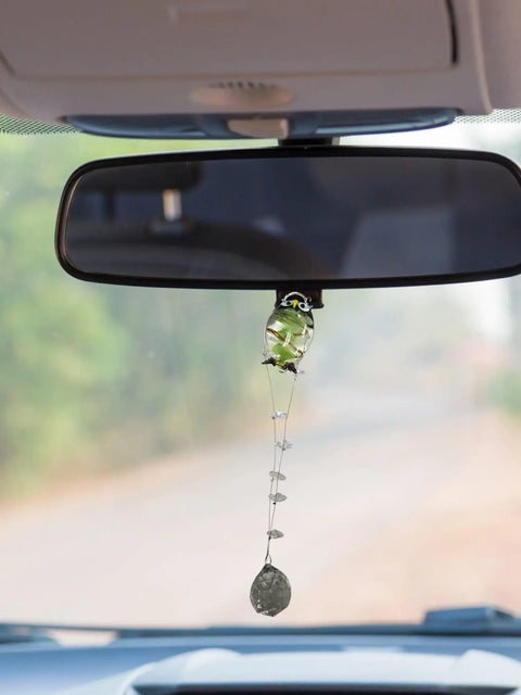 Green Brown Blown Glass Owl Car Pendant With Crystal Accents – Unique Car Charm | Made in USA Michelle Marie Boutique 