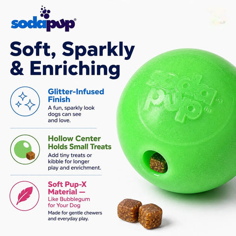 Green Glitter Dog Fetch Balls 2-Pack – 2.5 Inch Soft PUP-X Rubber Treat Dispensing Toy | Made in USA SodaPup  Rubber Dog Toys