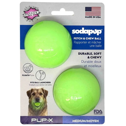 Green Glitter Dog Fetch Balls 2-Pack – 2.5 Inch Soft PUP-X Rubber Treat Dispensing Toy | Made in USA SodaPup  Rubber Dog Toys