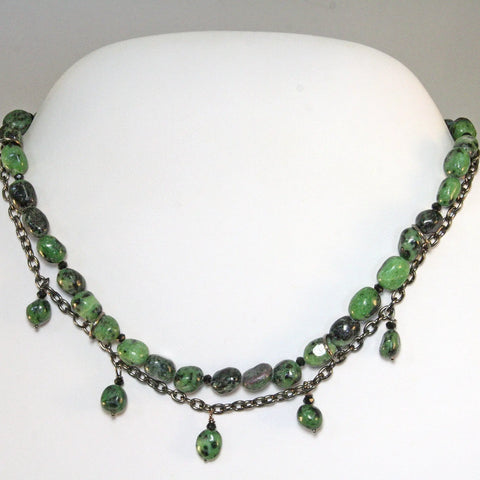 Green Ruby Zoisite Double Strand Necklace With Gunmetal Chain | Edgy and Elegant Michelle Marie Boutique  Necklace
