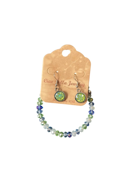 Green and Blue Crystal Beaded Bracelet with Druzy Earrings Set – Handmade Jewelry Gift | Made in USA Michelle Marie Boutique  Bracelet Set