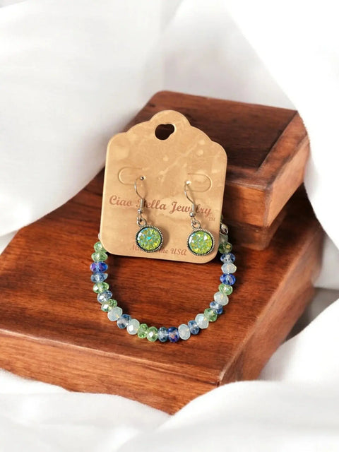 Green and Blue Crystal Beaded Bracelet with Druzy Earrings Set – Handmade Jewelry Gift | Made in USA Michelle Marie Boutique  Bracelet Set