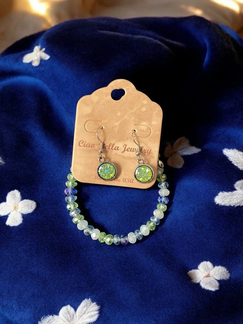 Green and Blue Crystal Beaded Bracelet with Druzy Earrings Set – Handmade Jewelry Gift | Made in USA Michelle Marie Boutique  Bracelet Set